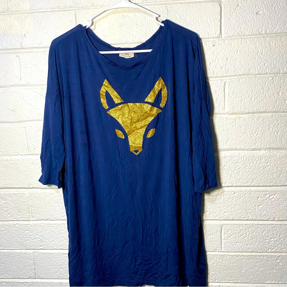 Baggy Fox Dress Shirt Gold Glitter Relaxed Loose Fit Flawed (Stains) Navy